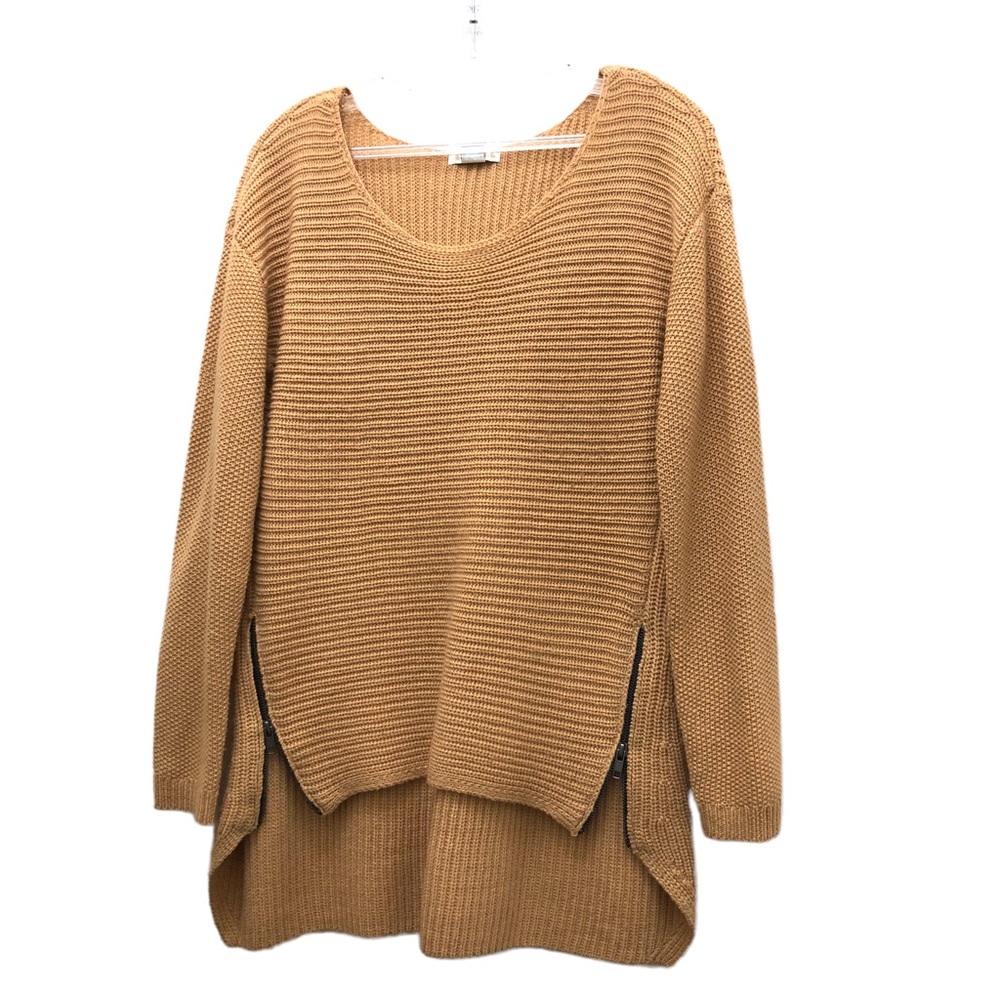 Bar III W Size M Tan Long Sleeve High-Low Hem Double Zipper Knit Sweater